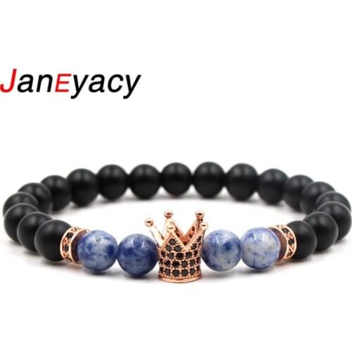 Janeyacy 2018 New 8mm Frosted Stone Crown Bracelet Women European Fashion Jewelry Zircon Beads Bracelets Mens CZ Homens Pulseira