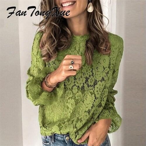 Lace Tops Women 2021 Autumn Solid Hallow Out Office Lady Fall Tops Womens Loose Long Sleeve O-neck Fashion T-Shirts Women