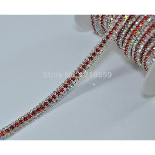 Hot Wholesale 10 Yards Red 3 Rows Density Strass Crystal Chain Rhinestone Trim