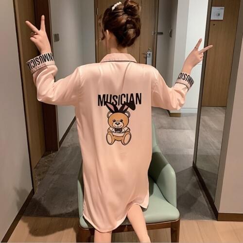 Autumn Nightgowns Satin Sleep Dress Silk Cartoon Sleepwear Women Kawaii sleep tops fashion cute Sleep shirts Sleeping Clothes