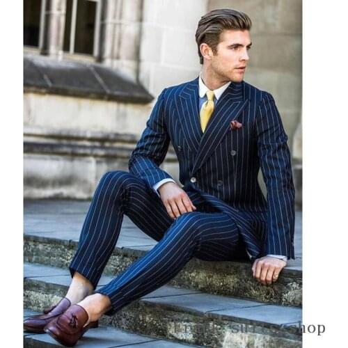 Newest Groomsmen Navy Blue White Stripe Groom Tuxedos Peak Lapel Men Suits Wedding Best Man Blazer ( Jacket+Pants+Tie ) C518