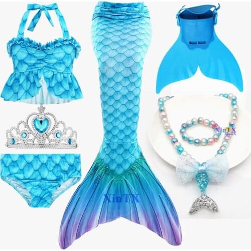 3-12 years Kids Mermaid Swimsuit Bikini for Girls Mermaid Tail Clothing Swimwear can add Monofin Fin Crown with Necklace