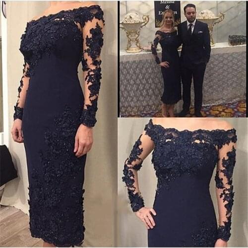 Plus Size Mother Of The Bride Dresses Sheath Tea Length Long Sleeves Appliques Beaded Groom Mother Dresses For Weddings