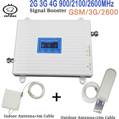 ZQTMAX 2G 3G 4G Repeater GSM Signal Booster 900 2100 2600 Tri Band 70dB UMTS LTE Cellular Amplifier LCD Display + antenna sets