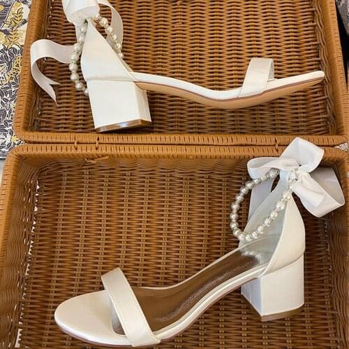New Womens Sandal Open Toe Satin Bridal Wedding Shoes Casual Champagne Color Ladies Pums Lace Up Peal Ankle Strap