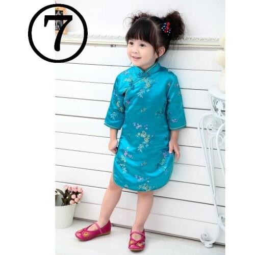 Plum Blue Baby Girl Dresses Chinese Spring Festival Children Clothes Girls One-Piece Cheongsam Kids Dress Chi-Pao Costumes Silk