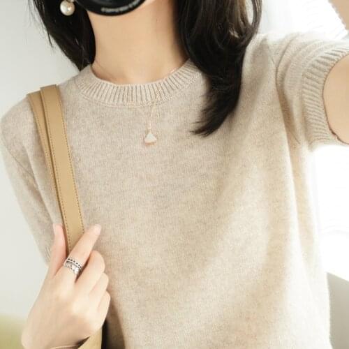 Spring and Autumn Thin Pullover Short-Sleeved Knitted Bottoming Shirt Womens Non-Cashmere Slim Fit round Neck Loose Top