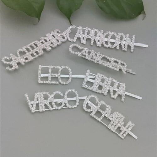 Horoscope Jewelry 12 Constellation Hair Clip Crystal Zodiac Letter Hairpin Hair Accessories For Girls Hairwear Christmas Gift