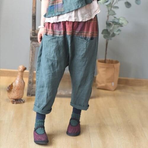 FairyNatural Women Linen Harem Pants Elastic Waist 2021 New Summer Loose Casual Female Retro Patchwork Trouser