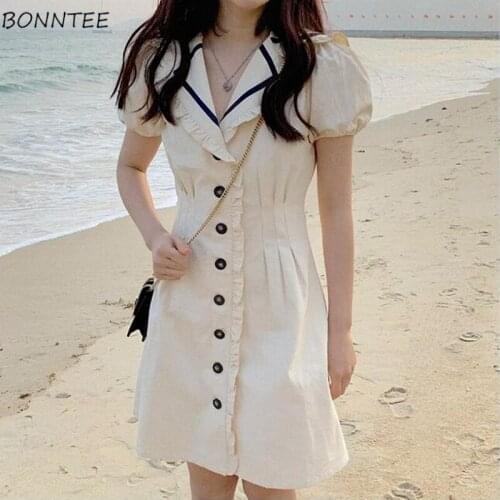 Dresses Women Puff Sleeve Sailor Collar French Style Vacation Simple All-match Teens Popular Casual High Waist Chic Newest Cozy