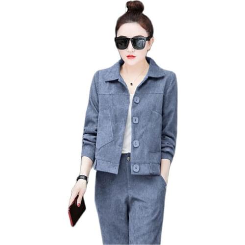 2019 Corduroy Lady suit Spring autumn New two piece set top and pants fashion Large size Leisure two piece suit ladies 3XL 2233