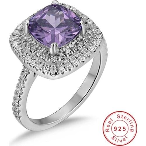 Luxury 4ct square purple Sapphire Engagement Ring gemstone Jewelry Real Solid 100% 925 Sterling Silver Wedding Rings for Women