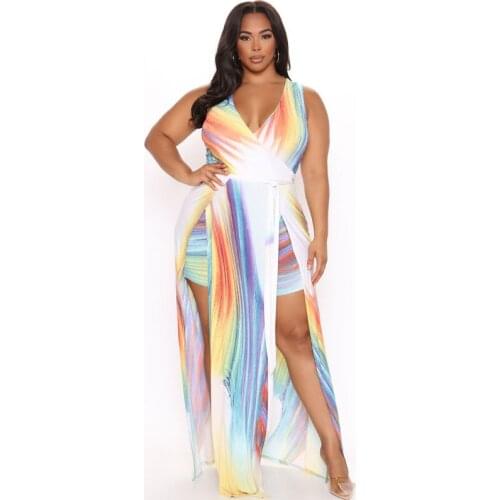 3xl 4xl 5xl Plus Size Womens Outfit Sexy V Neck Sleeveless Dress Ladies Gradient Printed Split Party Beach Dresses Wholesale