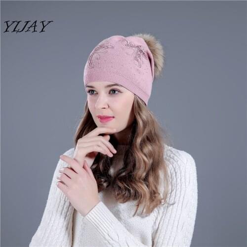 Winter knitted women fur hats for lady beanies double butterfly cap girl fur pom poms