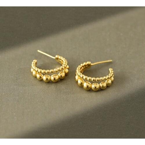 1pair INS 100% Authentic 925 Sterling silver White /Gold double rows Lucky Beads Ball Circle Stud earrings FINE jEWELRY TLE984