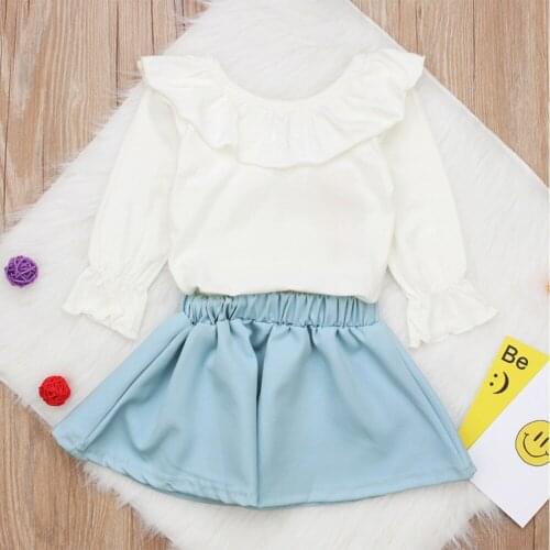2020 Summer baby girl clothes Cute Long sleeve White ruffled top + Light blue skirt 2-piece set For 12Months-4Years old