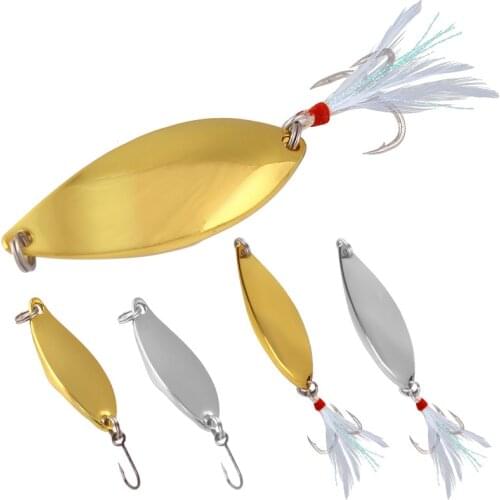 5pcs/lot 3/5/7.5/10/15/20g Gold Silver Metal VIB Lures Feather Blood Slot Hook Spoon Lure Fishing bait Bass Artificial Hard Bait