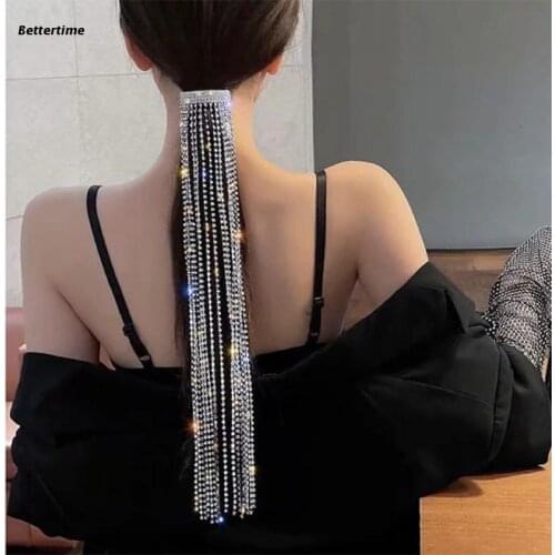 Shiny Crystal Tassels Hair Clip Full Rhinestone Long Chain Ponytail Barrettes B36D