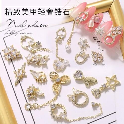 5pcs/lot flower chain pendant 3D Nail Art Zircon Crystal Pearl metal manicure nail accessories DIY Nail Decorations Nail charms