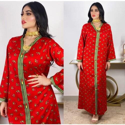 Eid Mubarak Ramadan Islamic Long Dress Ethnic Flower Printed Muslim Women Abaya Casual V-neck Long Sleeve Kaftan Arab New