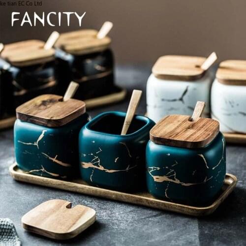 FANCITY Nordic matte marbled ceramic seasoning cans single salt cans household seasoning box kitchen seasoning seasoning 3 piece