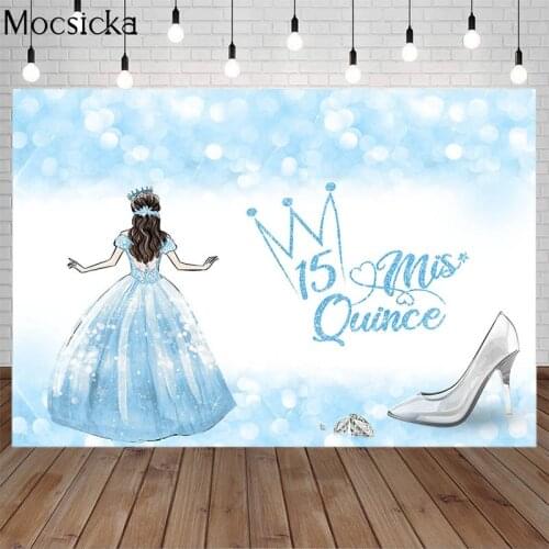 Quinceanera Princess Backdrop Sky Blue Sparkling Bokeh High Heels Decor Sweet Girl 15th Birthday Party Background Photo Studio