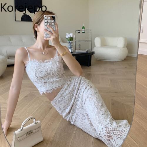 Korejepo Women 2 Piece Set 2021 Summer New French Retro Sexy White Lace Two-piece Suit Female Crochet Camisole High Waist Skirt