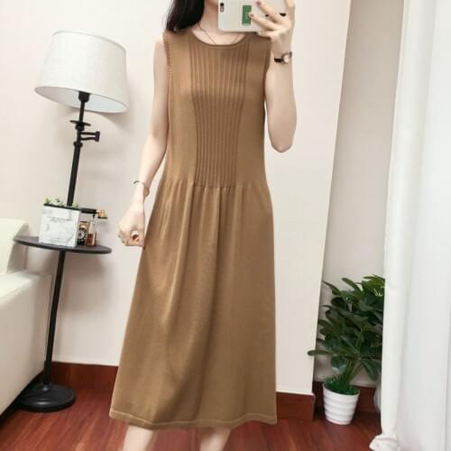 Ice Silk New Knitted Dress Women O-neck sleeveless Cool Loose Long Dresses Summer Women Clothes Female Solid basic dress Casual
