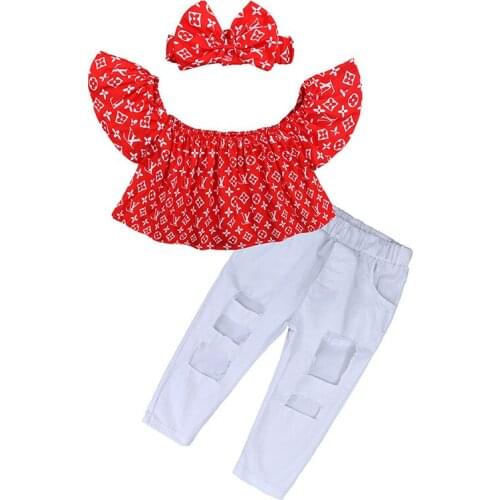 Summer Girl off Shoulder T-shirt Ripped Jeans Headband 3PCS Set Children Short Sleeve Clothing Kid Outfits