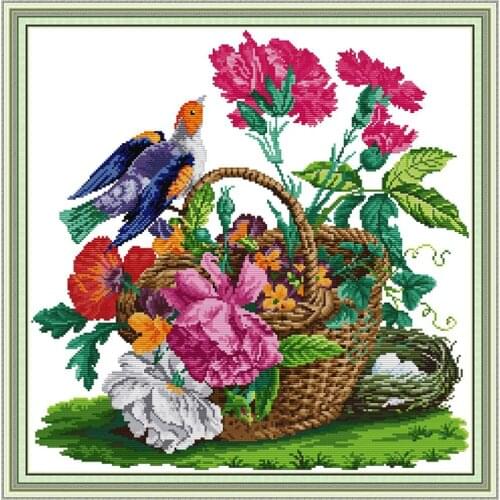 Birdie and flower basket cross stitch kit aida 14ct 11ct count printed canvas stitches embroidery DIY handmade needlework