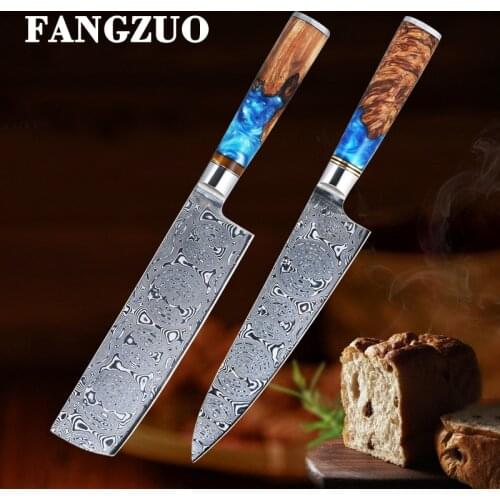FANGZUO 2 PCS knives set VG10 Damascus Steel Solidified Wood Handle Damascus Chef Knife Set 67 layers Cleaver kitchen Knife