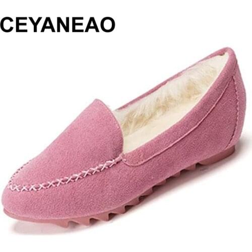 CEYANEAOWinter New Womens Falt Cotton-padded Shoes Warm Fur Mom Shoes Candy Color Shallow Round Toe Womens Shoes