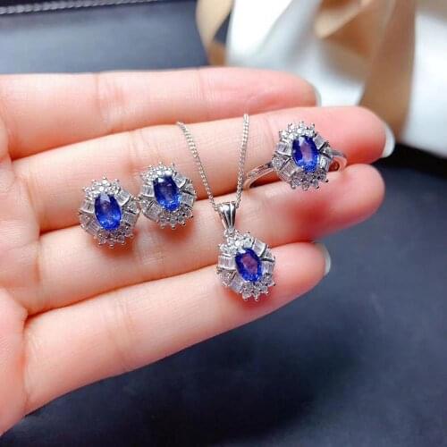 New Trendy Sapphire Set Natural And Real Sapphire Jewelry Set 925 Sterling Silver 1pc Ring,1pc Pendant,2pcs Earring