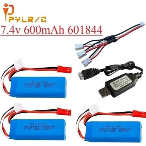 Upgrade 7.4V 600mAh 601844 Lipo Battery with USB charger for WLtoys K969 K979 K989 K999 P929 P939 RC Car Parts 2s 7.4v Battery
