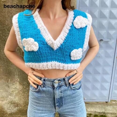 Beachapche 2021 Summer Autumn Knitting Decoration Crochet Vest Sweater Sexy Sleeveless V Neck Autumn Pullover Crop Top