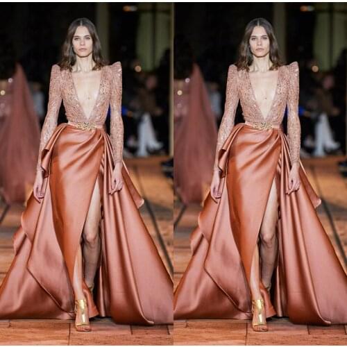 2020 Luxury Evening Dresses With Detachable Train V Neck Sequins Beaded High Side Split Prom Dress Sweep Train Sexy Formal Gowns