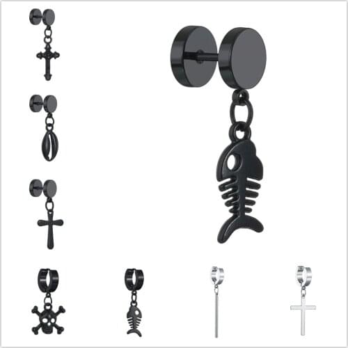 Punk Black Fish Bone Stainless/Titanium Steel Stud Earrings For Men and Women Gothic Street Pop Hip Hop Ear Jewelry