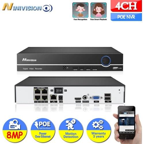 NINIVISION 4CH 4K POE NVR Face Recognition H.265+ Onvif Network Video Recording IP Camera P2P System