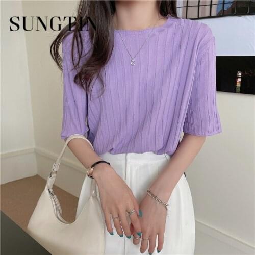 Sungtin Summer Solid Knitted T Shirts for Women Casual Classic O Neck Short Sleeve Tee Tops Korean Fashion Sweet White T Shirt