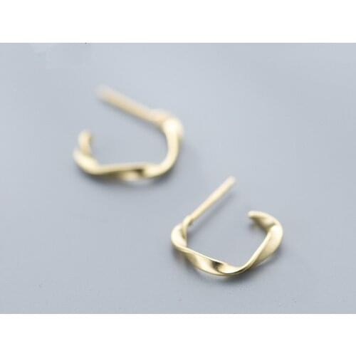 14mm Thin Authentic Real 100% 925 Sterling Silver fine Jewelry golden Twisted Roped Half Circle Geometric stud Earrings tle2479