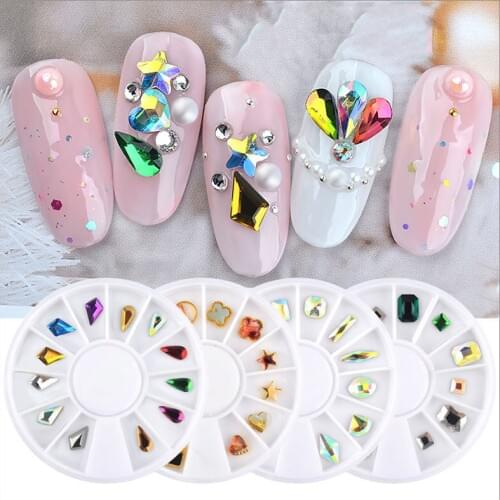 1 Box Nail Art Decorations Alloy Nail Charms Jewelry Flat Bottom AB Colorful Rhinestone Square Round Shape 12 Patterns In Wheel