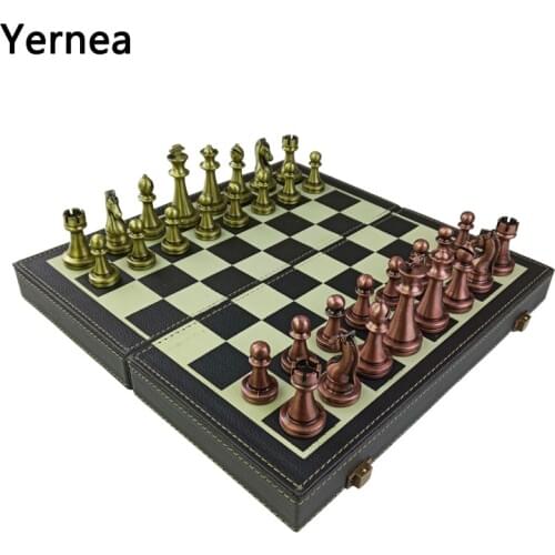 Yernea Folding Chess Games Set Metal Chess Pieces Solid Wood Chessboard Mounted Synthetic Leather High-quality Games