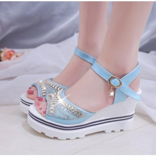 New Sexy Women Thick Bottom Sandals Wedges Sandals Shoes For Women Summer Wedge Heel Open Toe Buckle Strap pink Sandals
