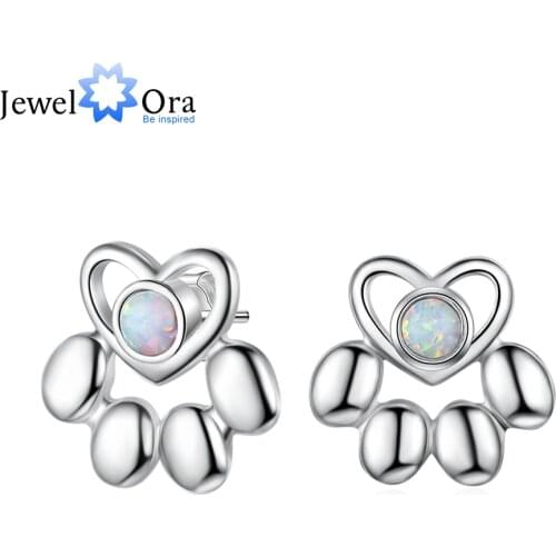 JewelOra Cute Animal Dog Cat Paw Stud Earrings Silver Color Simulated Opal Earrings for Women Party Jewelry Gift