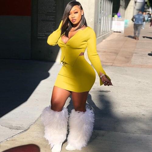 Ribbed Knitted Women Two Piece Dress Set Autumn Fall Clothes Zipper Up Long Sleeve Tops and Stretchy Mini Skirt Matching Suits