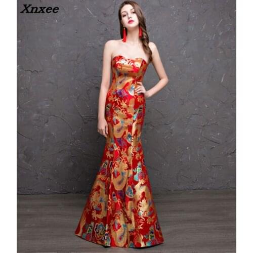 2020 red gold mermaid dresses for women cheongsam chinese style long prom evening gowns high quality satin maxi dress vestidos