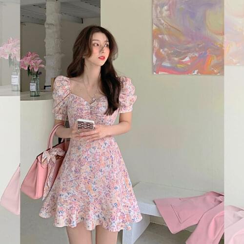 Bella 2021 Summer Square Collar Yellow Mini Dress Short Sleeve Sweet Floral Printed Dress Beach Elegant Ruffles Dress Korean