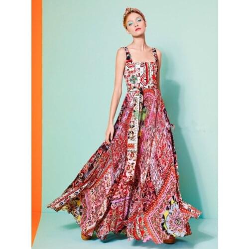 Runway 2021 Summer Autumn Floral Print Dress Female Laces Spaghetti Straps Sundress Sexy Bohemian Flower Maxi Long Dresses Women