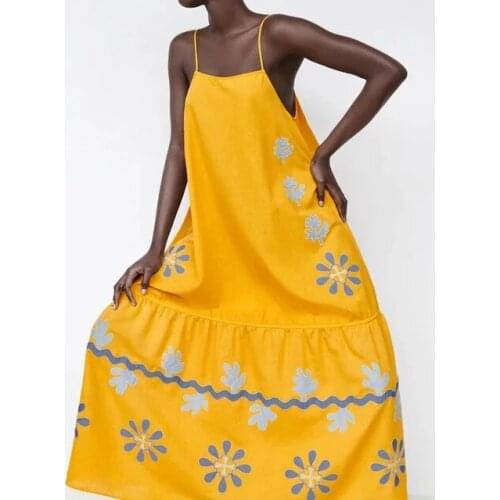 Za 2021 Yellow Slip Dress Women Embroidered Summer Long Dresses Woman Strap Ruffle Boho Beach Dress Ruched Casual Dresses
