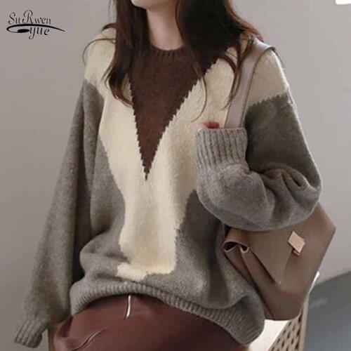 2021 Winter Clothes Women Long Sleeve Knitted Loose Jumper Pullover Women O-neck Pullover V-shaped Stitching Sweater Women 11648